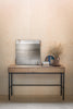 black metal legs, rectangular desk. the desk top and drawers are made from oak. There are two drawers below the top.