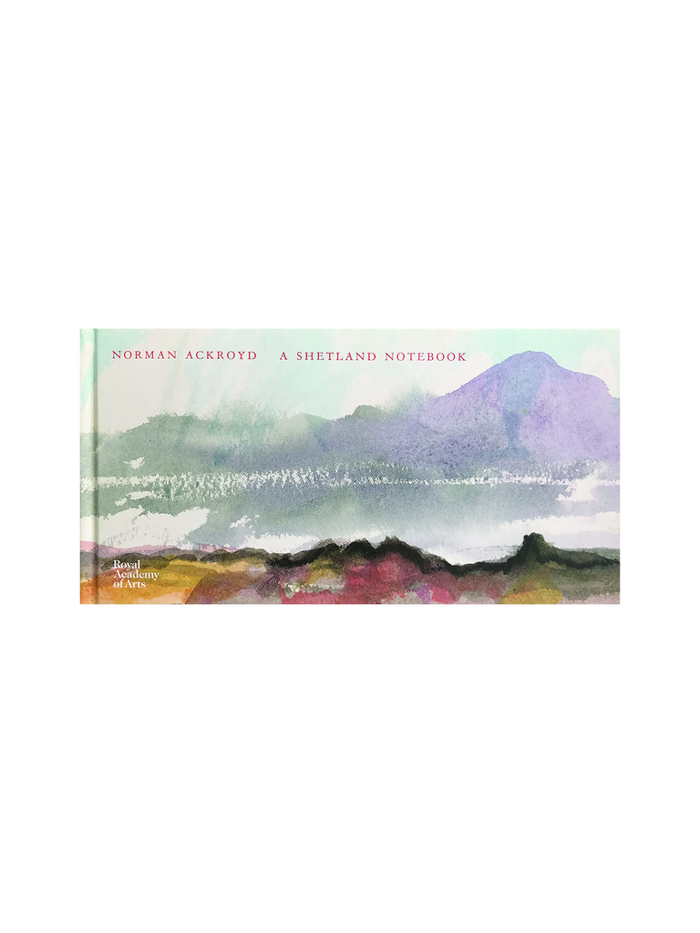book cover of 'a shetland notebook'  showing one of Norman Ackroyd's artworks which depicts a loose watercolour and mixed media painting/ sketch of a purple mountain in the background and shoreline in the foreground.