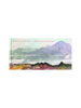book cover of 'a shetland notebook'  showing one of Norman Ackroyd's artworks which depicts a loose watercolour and mixed media painting/ sketch of a purple mountain in the background and shoreline in the foreground.